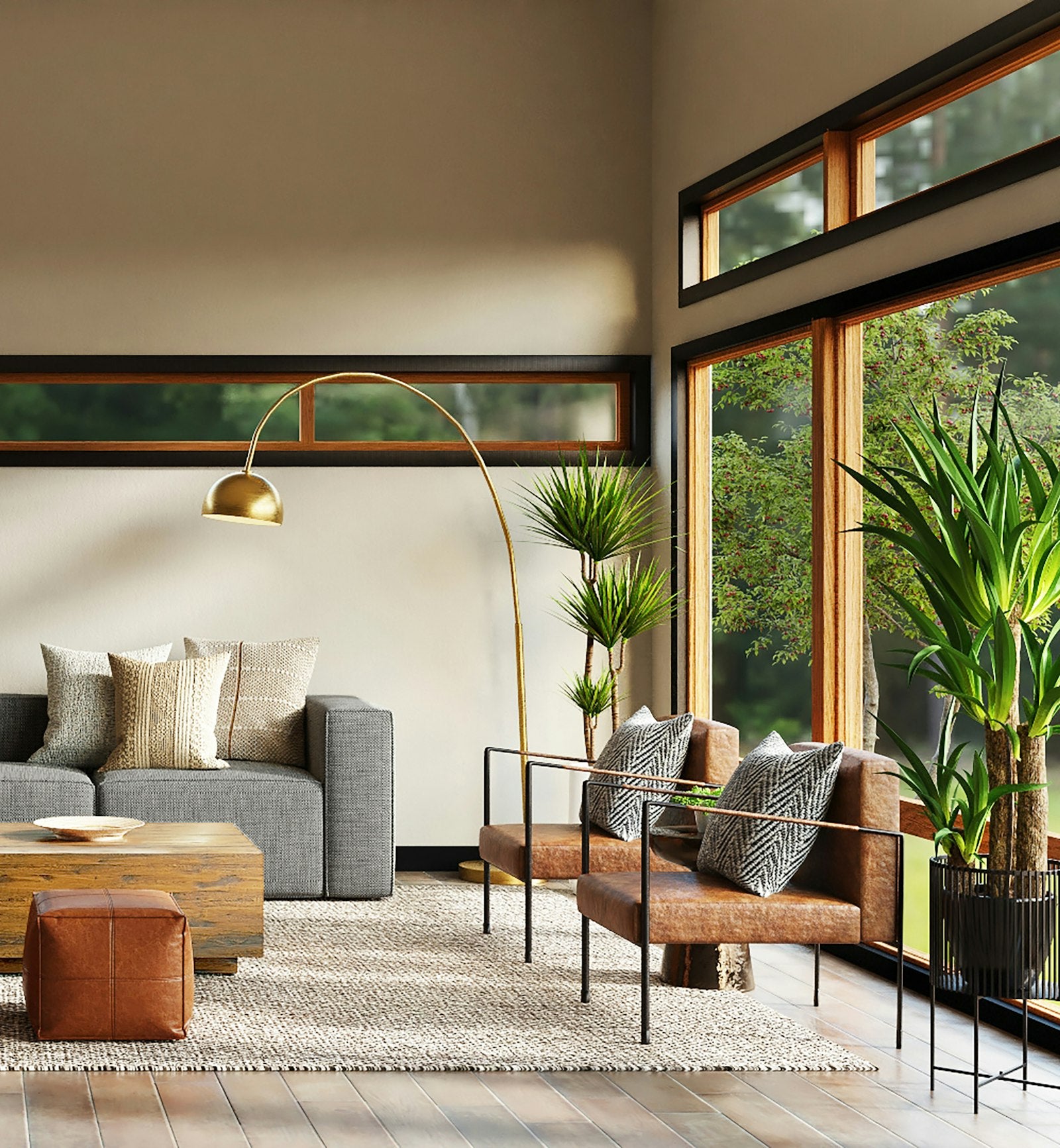 A warm living room with a linen sofa, wooden table and tall windows